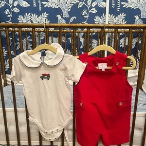 Little English Set Red Jon Jon Shortall w Wagoneer Peter Pan Collar Onesie 12M